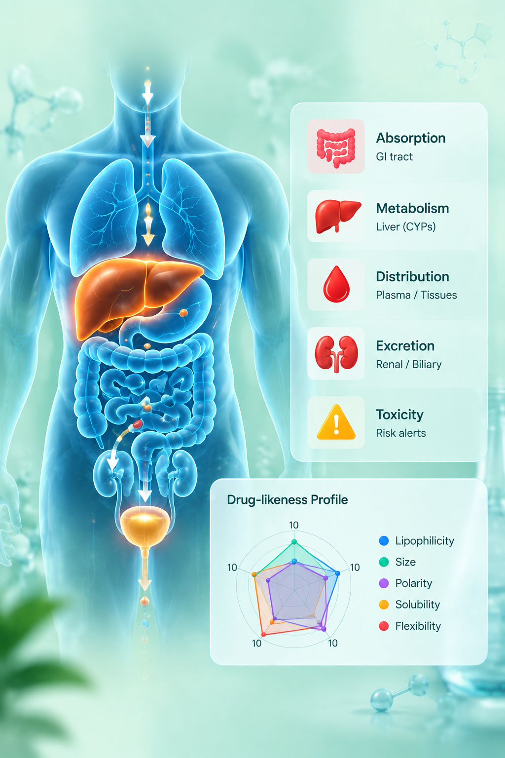 Human body diagram showing ADMET pathway: GI absorption, liver metabolism, plasma distribution, renal excretion and toxicity risk alerts: alongside a drug-likeness radar chart