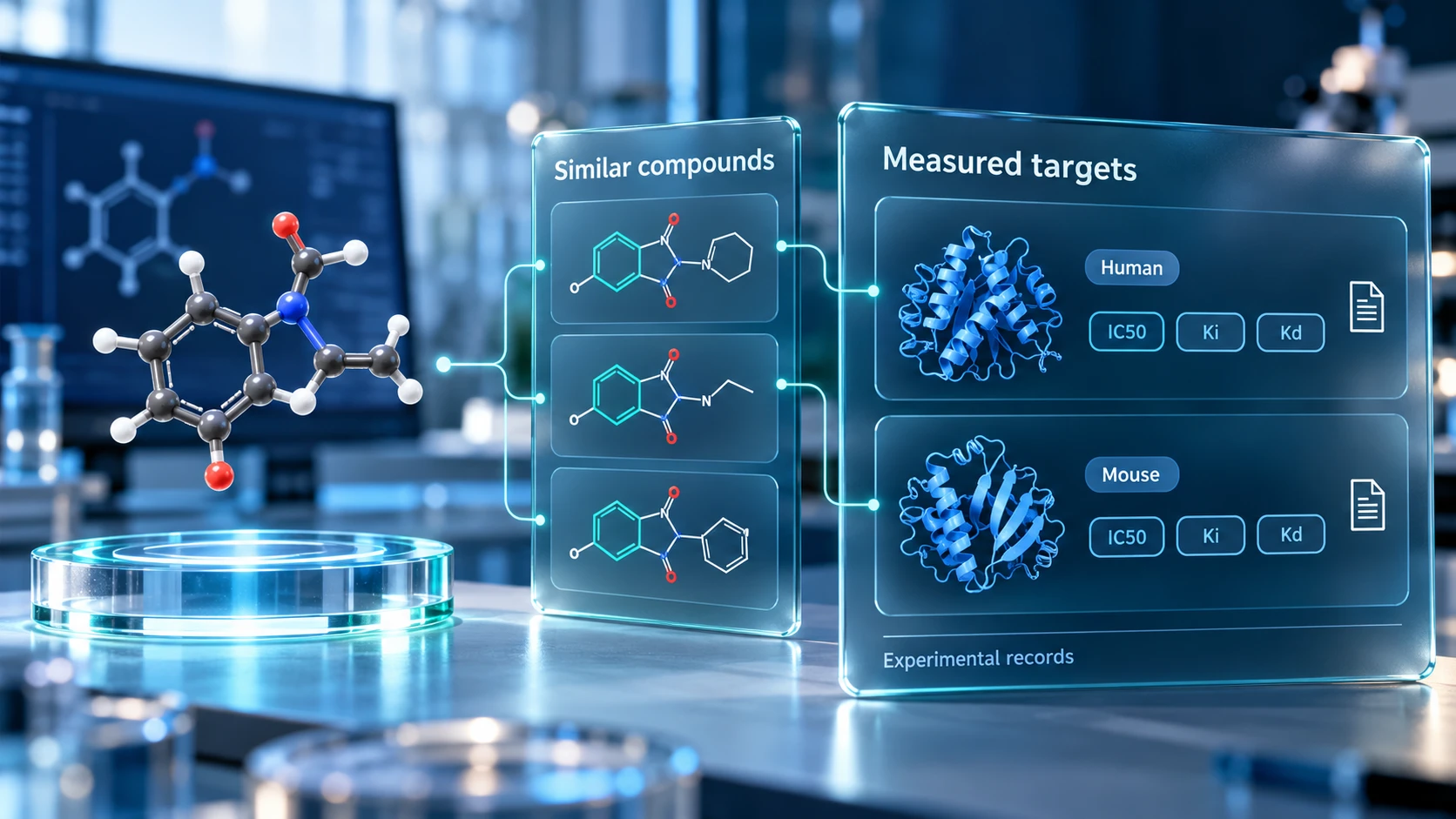 A submitted molecule linked to a panel of chemically similar compounds, which in turn link to measured protein targets labelled by species with IC50, Ki and Kd records