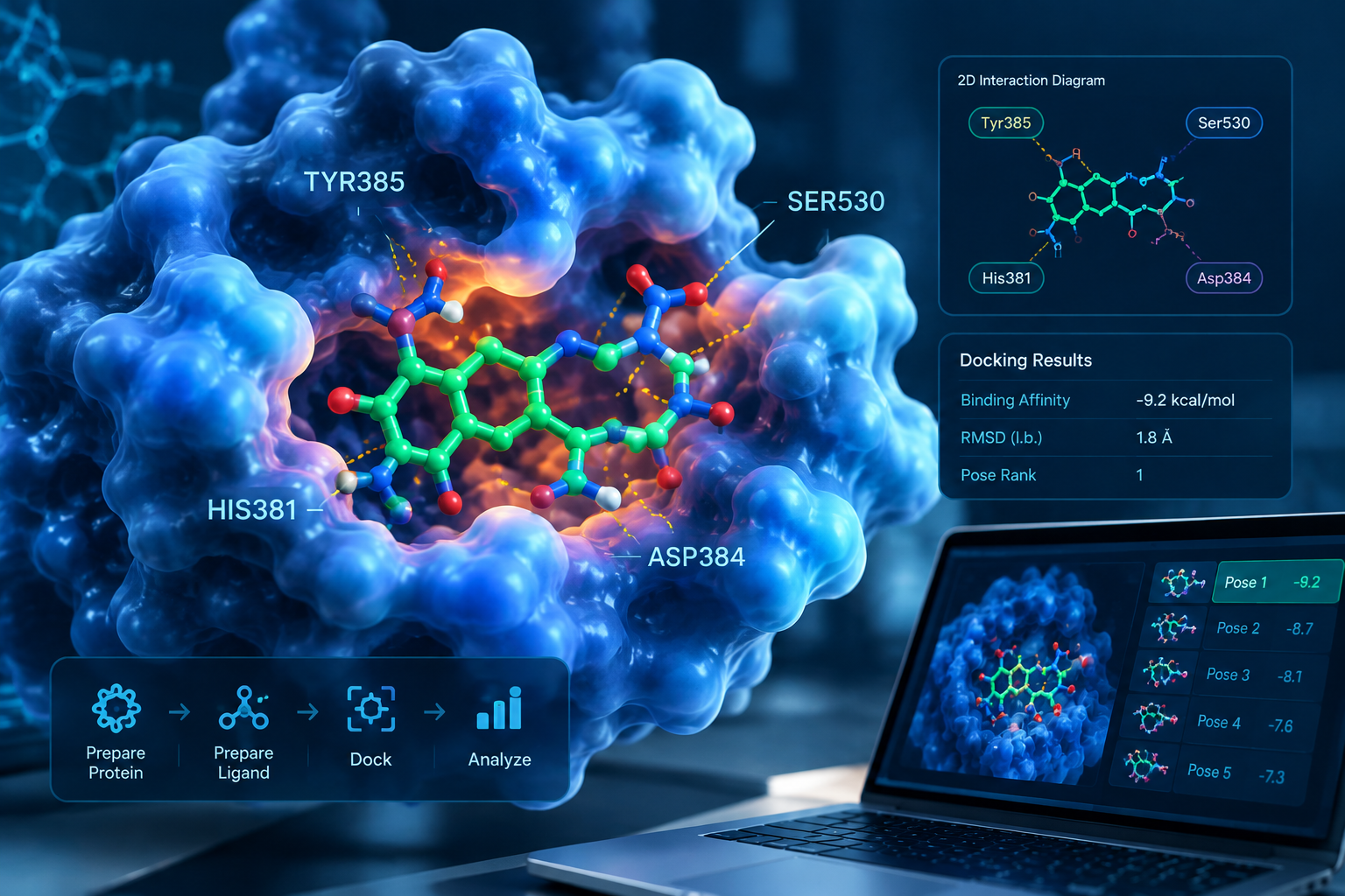 Protein surface binding pocket with green ligand, dashed interaction lines to TYR385, HIS381, SER530 and ASP384 residues, and ranked pose results panel