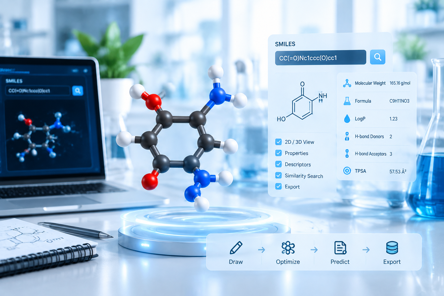 3D ball-and-stick molecule with SMILES input and property panel showing MW, LogP, H-bond donors and TPSA